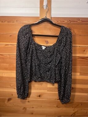 Black & White Polka Sweatheart-Neck Long Puff-Sleeve Crop Top